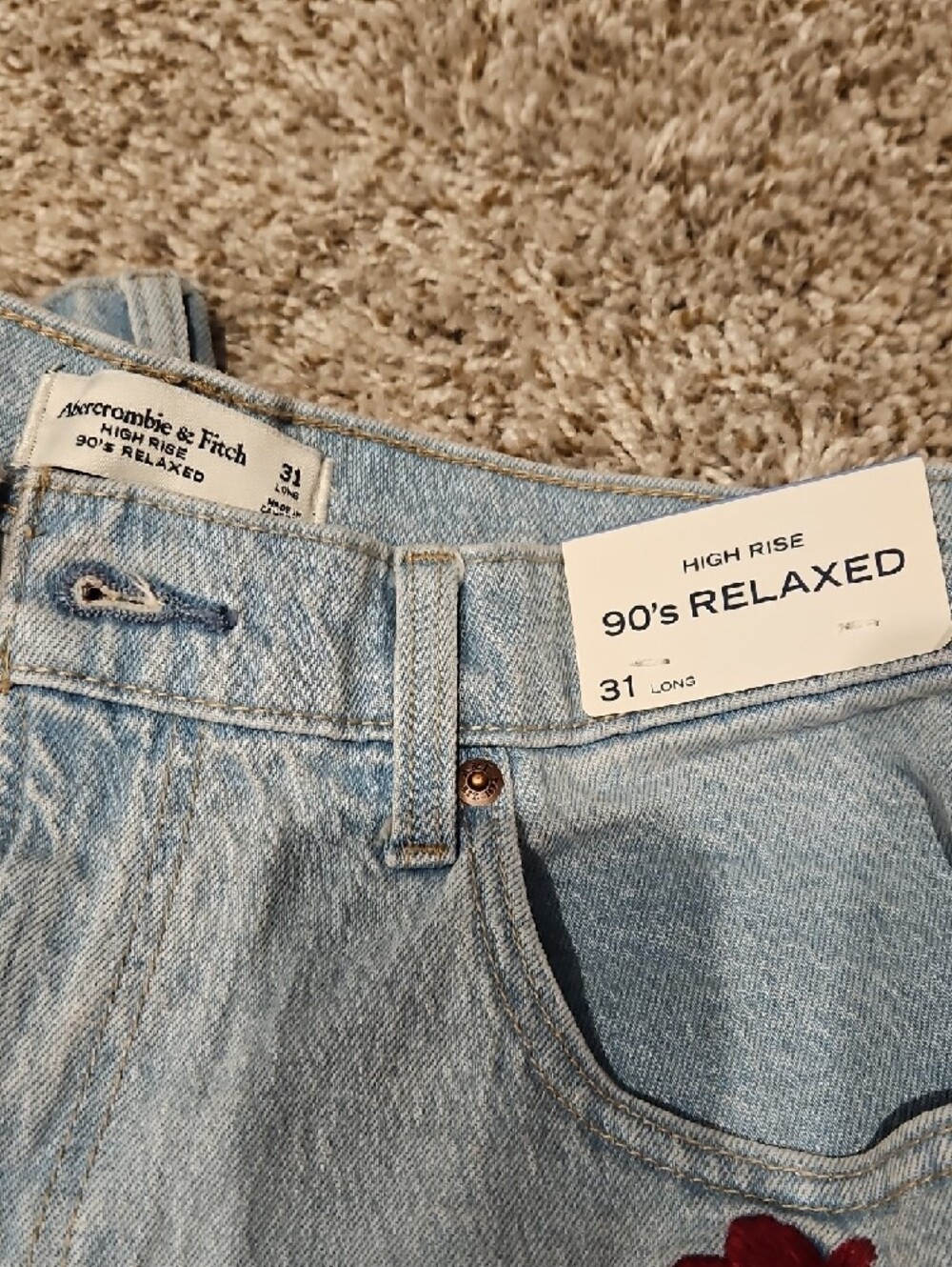 Abercrombie & Fitch Light Blue High-Rise Jeans with Red Rose Embroidery - Picture 3 of 4